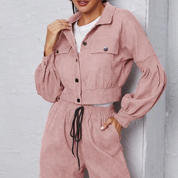 Dusty Pink Boho Womens Corduroy Flap Detail Jacket With Tie Front Cargo Pants - Picture 3 of 5